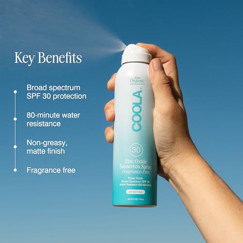 COOLA Organic Mineral Sunscreen SPF 30 Sunblock Spray, Dermatologist Tested Skin Care for Daily Protection, Vegan and Gluten Free, Fragrance Free, 5