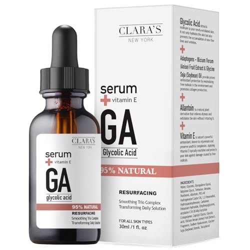 CLARA'S NEW YORK Glycolic Acid Facial Serum with Vitamin E for Exfoliating Smoothing Glowing Face Skin - Made in USA 30ml (1Fl/Oz) (Glycolic Acid)