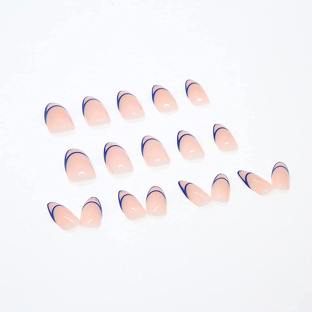 BABALAL Almond Press on Nails Blue French Tip Fake Nails Medium Glue on Nails Glossy Full Cover Design Manicure Acrylic Nails for Women and Girls