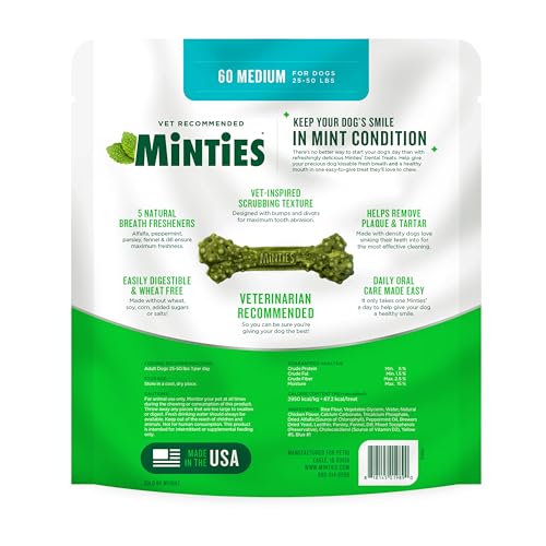 Minties Dental Chews for Medium Dogs (60 Count) – Vet-Recommended Treats Clean Teeth, Freshen Breath, Remove Plaque & Tartar