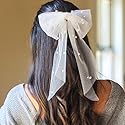 JEAIRTS Bridal Hair Bow Veil Pearl Wedding Hair Piece White Tulle Bow with Clip Bachelorette Party Hair Accessories for Women