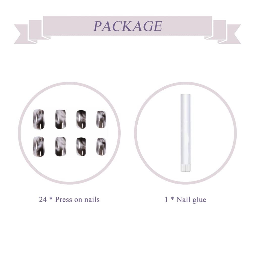 BABALAL Square Press On Ombre Glue On Short Squoval Acrylic Nails - Glossy Black Full Cover Nails for Women & Girls