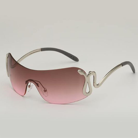 One-piece Metal Frameless Sunglasses With Personalized Snake Design Fashionable Sunglasses For Men and Women (Silver Frame Gray Powder Flake)