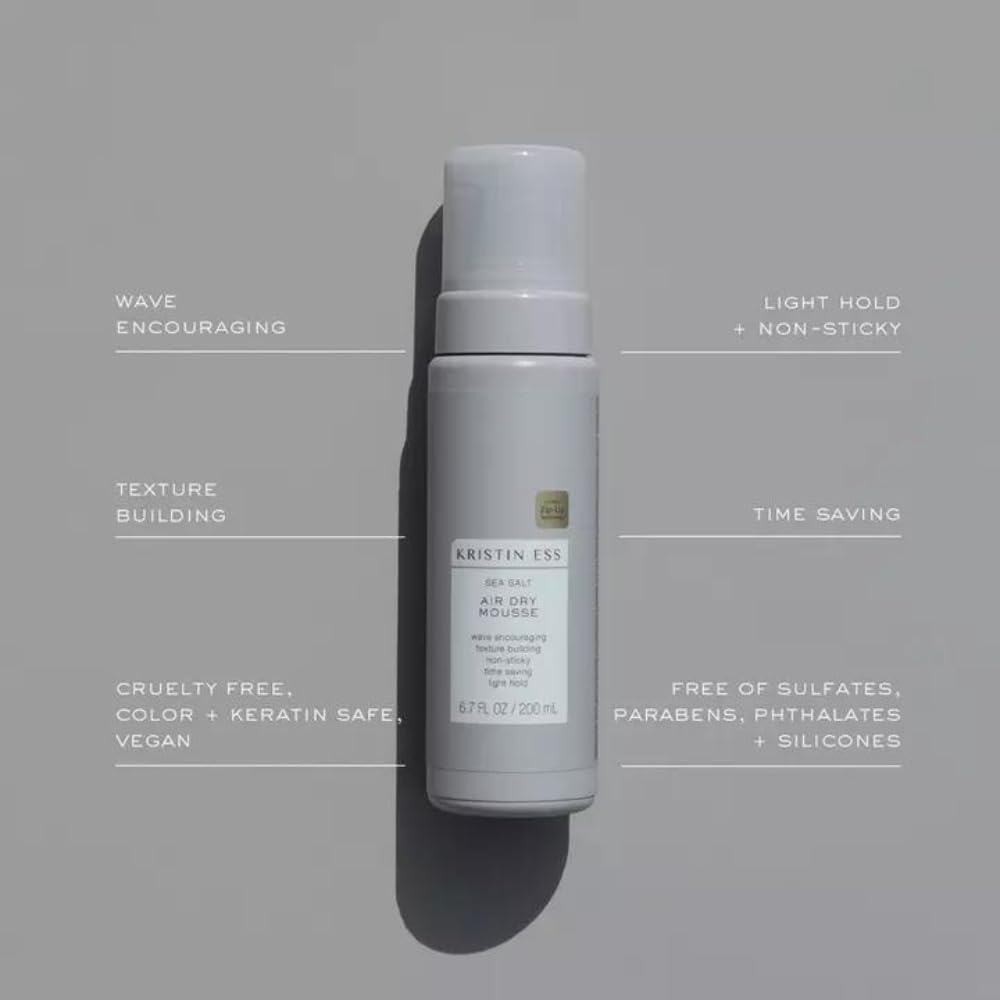 Kristin Ess Hair Sea Salt Air Dry Mousse for Volume + Texture - Styling Product For Wavy + Curly Hair, Light Hold, For Fine to Medium Hair