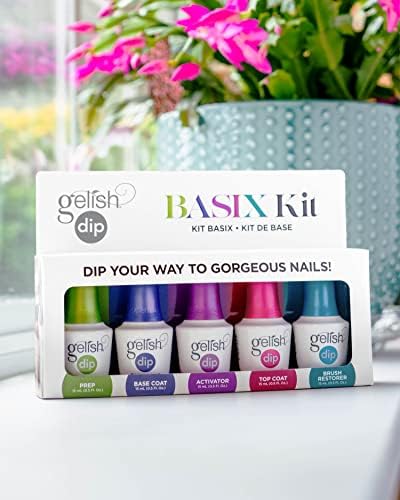 Gelish Dip Basix Kit - Prep, Base Coat, Activator, Top Coat & Brush Restorer - Easy, Odor-Free, No UV or LED Lamp Required for Long-Lasting