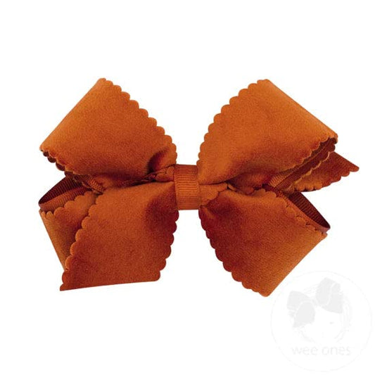 Wee Ones Girls' Grosgrain Hair Bow with Scalloped Edge Faux Velvet Overlay, Medium, Burnt Orange