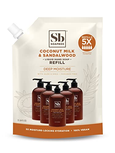 Soapbox Liquid Hand Soap Refill, Coconut Milk & Sandalwood, Vegan, Paraben Free, Moisturizing, Natural Hand Wash for Kitchen and Bathroom, 64oz Half
