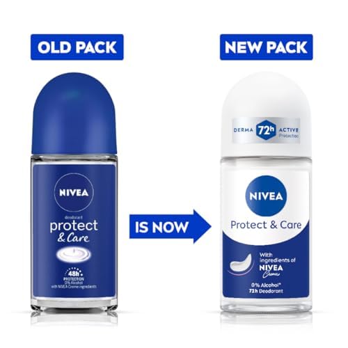 NIVEA Protect & Care Roll-On Deodorant, 72H Protection, 0% Alcohol, Freshness, Gentle Underarm Skin Care, 50ml, Dermatologist Tested, Pack of 6 Beauty and Personal Care NIVEA