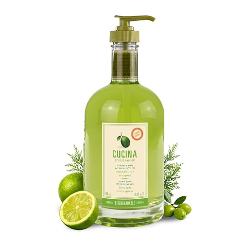 Cucina Fruits & Passion Kitchen Hand Soap, Lime Zest & Cypress, Natural Liquid Soap with Cold-Pressed Olive Oil, Moisturizing Formula in Refillable
