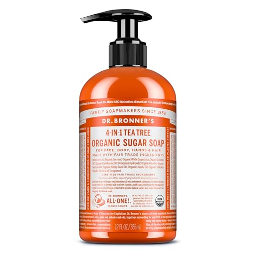 Dr. Bronner's Organic Sugar Soap (Tea Tree, 12 Ounce) - Made with Regenerative Certified Organic Oils, Sugar & Shikakai Powder, 4-in-1 Use: Hands