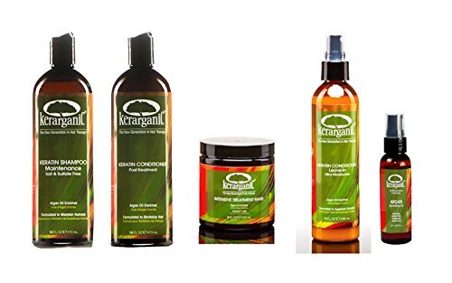 Organic Post-Treatment Maintenance Keratin Set (Shampoo 16oz, Conditioner 16oz, Mask 8oz, Leave-In Spray 8oz, Argan Oil 2oz) - Salt & Sulfate Free