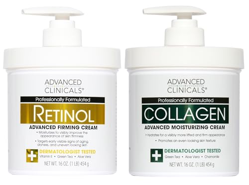 Advanced Clinicals Retinol Body Lotion + Collagen Cream Fragrance Free Face Moisturizer & Body Cream 2pc Skincare Set For Women & Men Helps Reduce