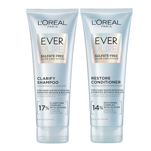 L'Oreal Paris Clarify and Restore Sulfate Free Shampoo and Conditioner Set with Antioxidants for Hard Water Exposure and Styling Build-up, EverPure, 1
