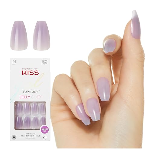 KISS Gel Fantasy, Press On Nails, Nail glue included, 'Quince Jelly', Purple, Medium Size, Coffin Shape, Includes 28 Nails, 2g glue, 1 Manicure Stick Beauty & Personal Care KISS