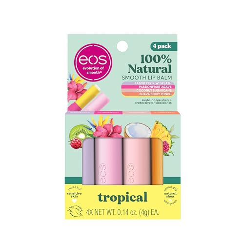 eos 100% Natural Lip Balms - Raspberry Kiwi Splash, Passionfruit Agave, Coconut Sugarcane, & Guava Berry Punch, All-Day Moisture Lip Care, 0.14 oz