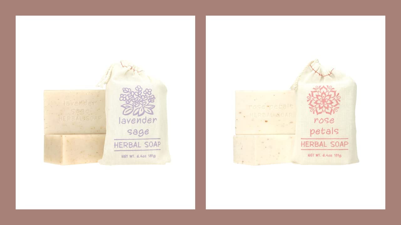 Greenwich Bay Trading Set of 2 Herbal Soaps Lavender Sage and Rose Petal - 6.4 Oz Bars Wrapped in Drawstring Cloth Sacks-Enriched with Shea Butter