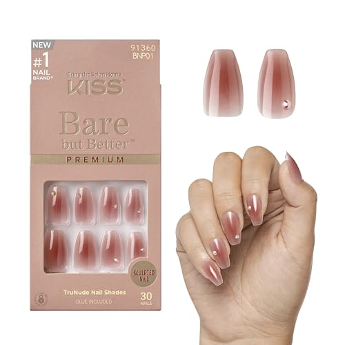 KISS Bare but Better, Press On Nails, Nail glue included, 'Shine', Dark Pink, Medium Size, Coffin Shape, Includes 30 Nails, 2g Glue, 1 Manicure Stick Beauty & Personal Care KISS