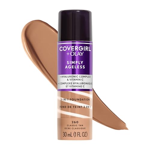 COVERGIRL & Olay Simply Ageless 3-in-1 Liquid Foundation, Matte Finish, Hyaluronic & Vitamin C Formula, 260 Classic Tan, 1 Count