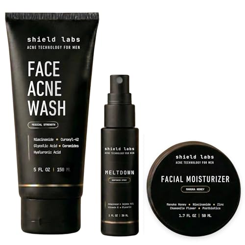 Shield Face Acne System for Men and Boys, Easy 3-Step Clear Skin Kit with 4% Benzoyl Peroxide Face Wash, Adapinoid Spray and Manuka Honey Moisturizer Beauty and Personal Care Shield Default Title