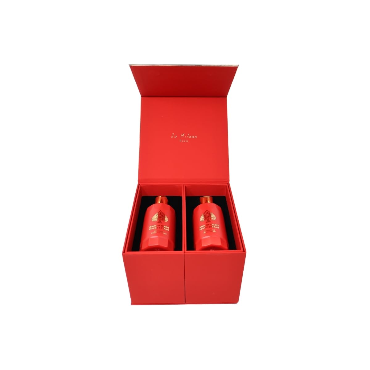 Jo Milano Game of Spades ROUGE EXTRAIT 4-Piece Gift Set Unisex, (3.4 Oz Extrait de Parfum Spray + 6.8 Oz Body Cleanser + 6.8 Oz Body Cream + 0.27 Oz