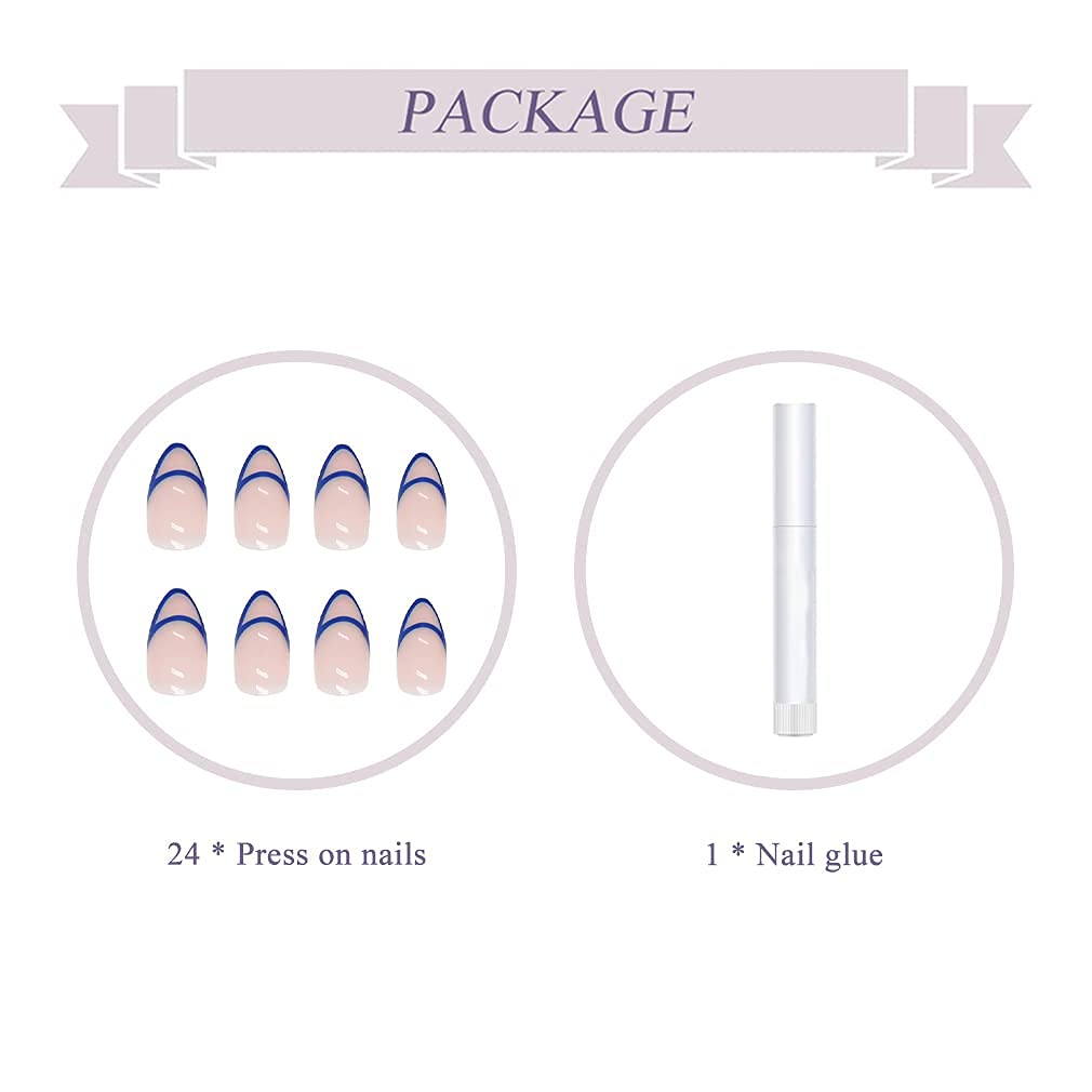 BABALAL Almond Press on Nails Blue French Tip Fake Nails Medium Glue on Nails Glossy Full Cover Design Manicure Acrylic Nails for Women and Girls