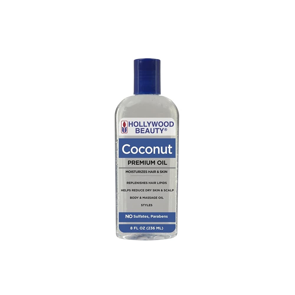 Hollywood Beauty Coconut Hair Oil, 8oz Bottle, Moisturizes Hair & Skin, Replenishes Important Hair Lipids, Body & Massage Oil, Helps Releve Scalp