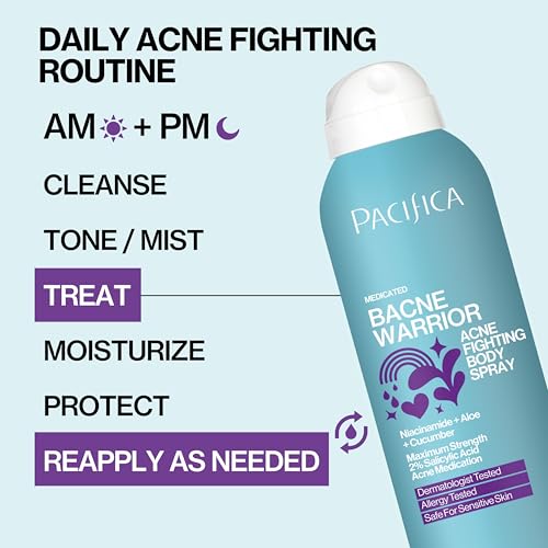 Pacifica Bacne Warrior Acne Spray – 2% Salicylic Acid, Niacinamide & Aloe – Body, Chest & Back Acne Treatment for Teens & Adults, Vegan