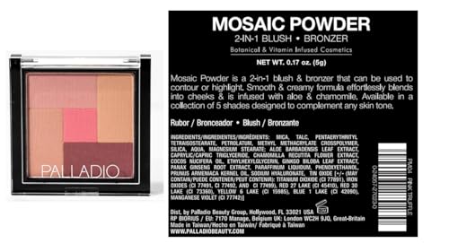 Palladio 2-In-1 Mosaic Blush and Bronzer, Silky Smooth Face Makeup Pressed Powder, Five Color Hues from Shimmering Pinks to Golden Browns, Rich