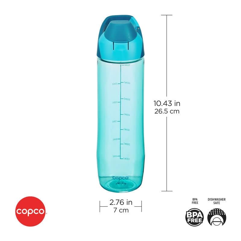 Copco ClipGo Tritan Water Bottle - 24 Oz. Translucent Teal Reusable Hydration Bottle with Measurement Markings, Carry Loop & Clip Handle - BPA Free…
