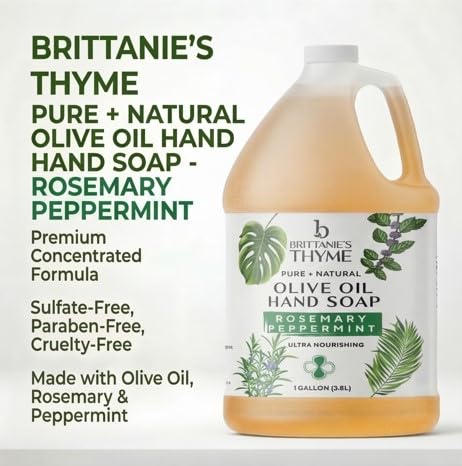 Brittanie's Pure Organic Castile Liquid Olive Oil Soap Refill, Rosemary Peppermint, 1 Gallon | Face, Body Wash, Dishes, Pets & Laundry | Vegan