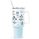 Silver Buffalo Disney Lilo and Stitch Vintage Sketch Palm Trees and Flowers Double Walled Stainless Steel Tumbler with Handle and Straw, Fits…