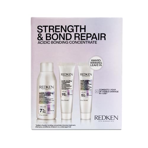 Redken Acidic Bonding Concentrate Mini Kit - Strengthening Shampoo, Conditioner & Leave In Treatment for Damaged Hair, Reduces Breakage & Split Ends