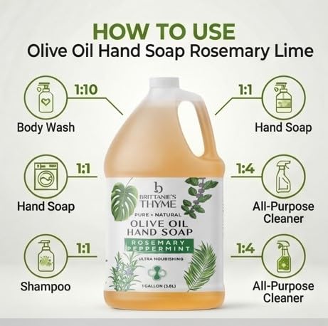 Brittanie's Pure Organic Castile Liquid Olive Oil Soap Refill, Rosemary Peppermint, 1 Gallon | Face, Body Wash, Dishes, Pets & Laundry | Vegan