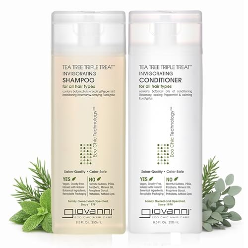 GIOVANNI Tea Tree Triple Treat Invigorating Shampoo & Conditioner Set - Cooling Peppermint, Eucalyptus, Rosemary, Helps Dry, Flaky Scalp, Salon