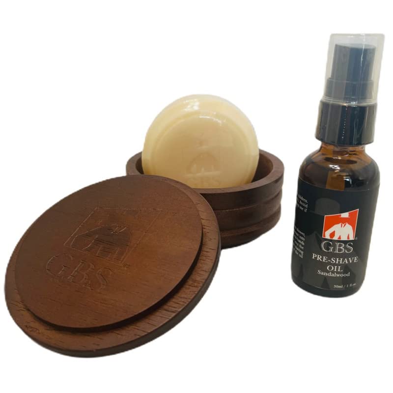 G.B.S Dark Wood Shaving Soap Bowl Cup with Lid Cover, Natural Shaving Soap, And Sandalwood Pre-Shave Oil Beauty and Personal Care G.B.S