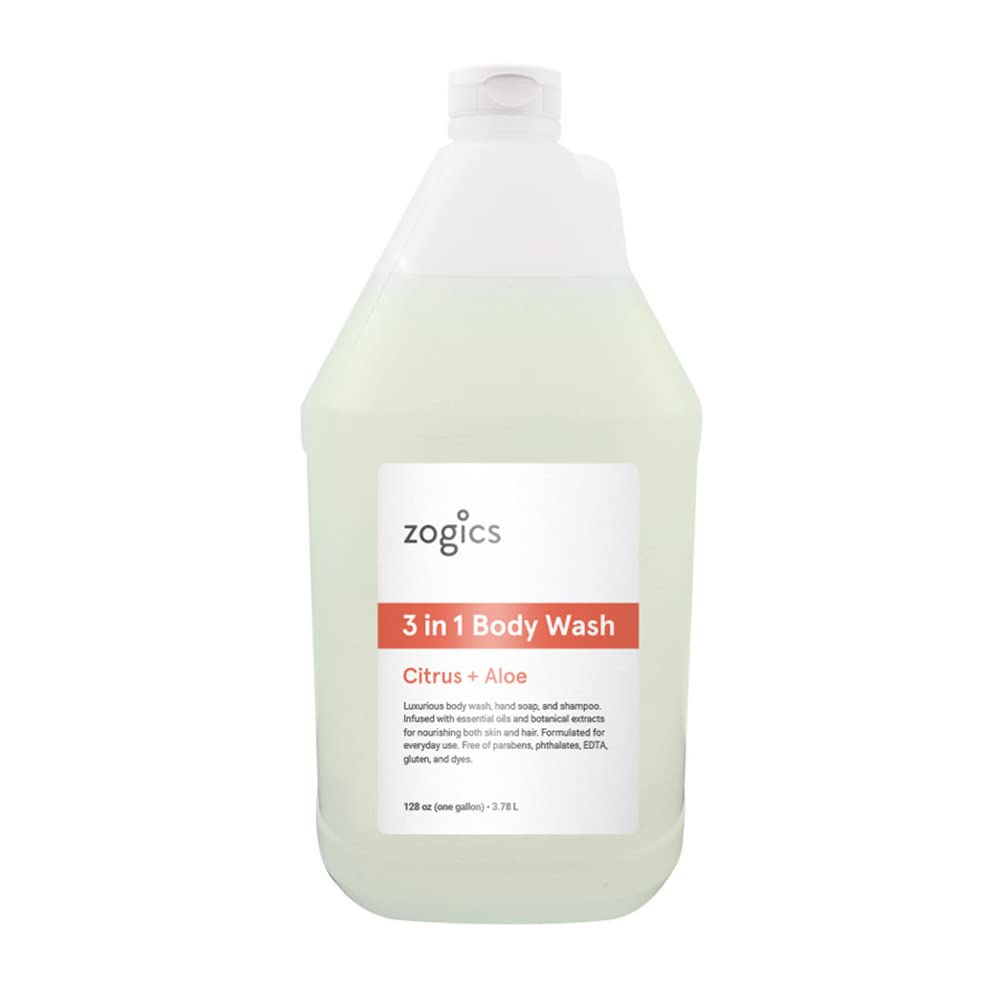 Zogics 3-in-1 Body Wash - Body Soap, Shampoo, and Hand Soap Liquid Refill All-in-One, Hydrating Plant-Based Formula, Refreshing Citrus + Aloe Scent (1