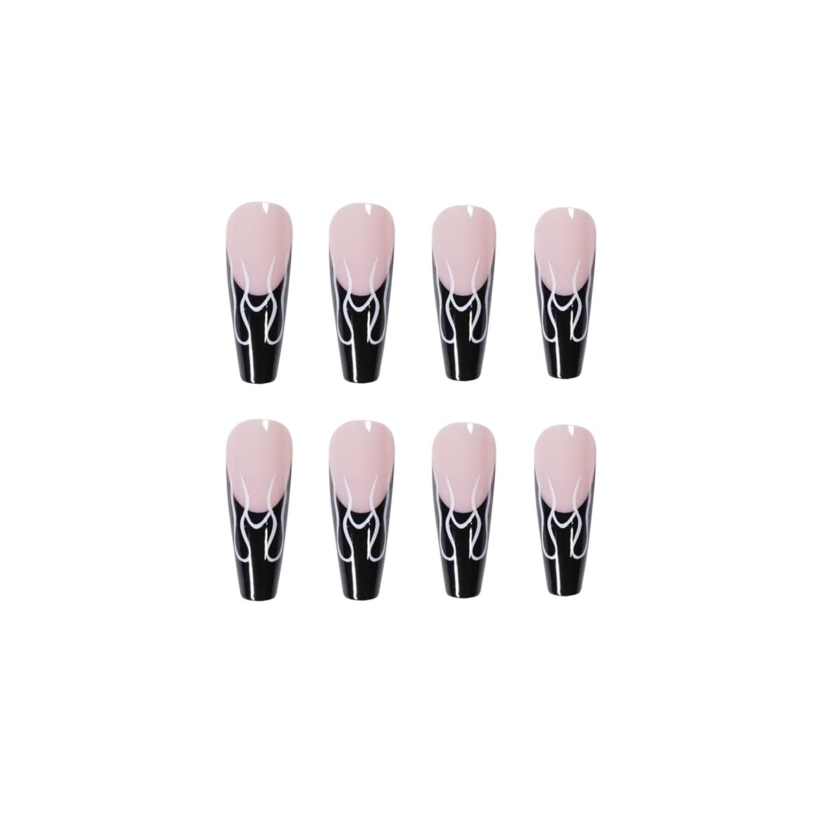 BABALAL Long Press on Nails Coffin Fake Nails Black French Tip Glue on Nails Glossy Acrylic Nails Gothic Falme Design Ballerina False Nails for Women