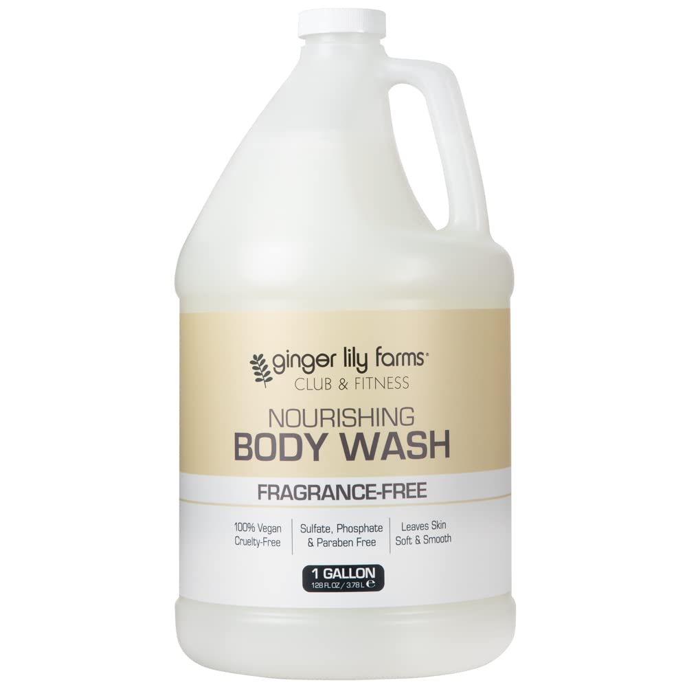 Ginger Lily Farms Club & Fitness Nourishing Body Wash, 100% Vegan & Cruelty-Free, Bath & Shower Gel for Men and Women, Fragrance Free, 1 Gallon (128