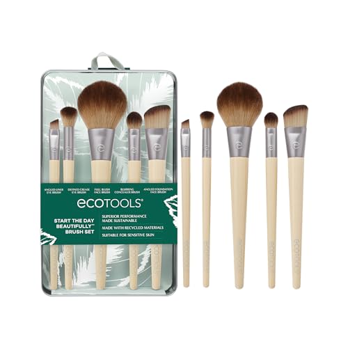 EcoTools Makeup Brush Set for Eyeshadow, Foundation, Blush, and Concealer with Bonus Storage Case, Start the Day Beautifully, Travel Friendly, 6 Piece