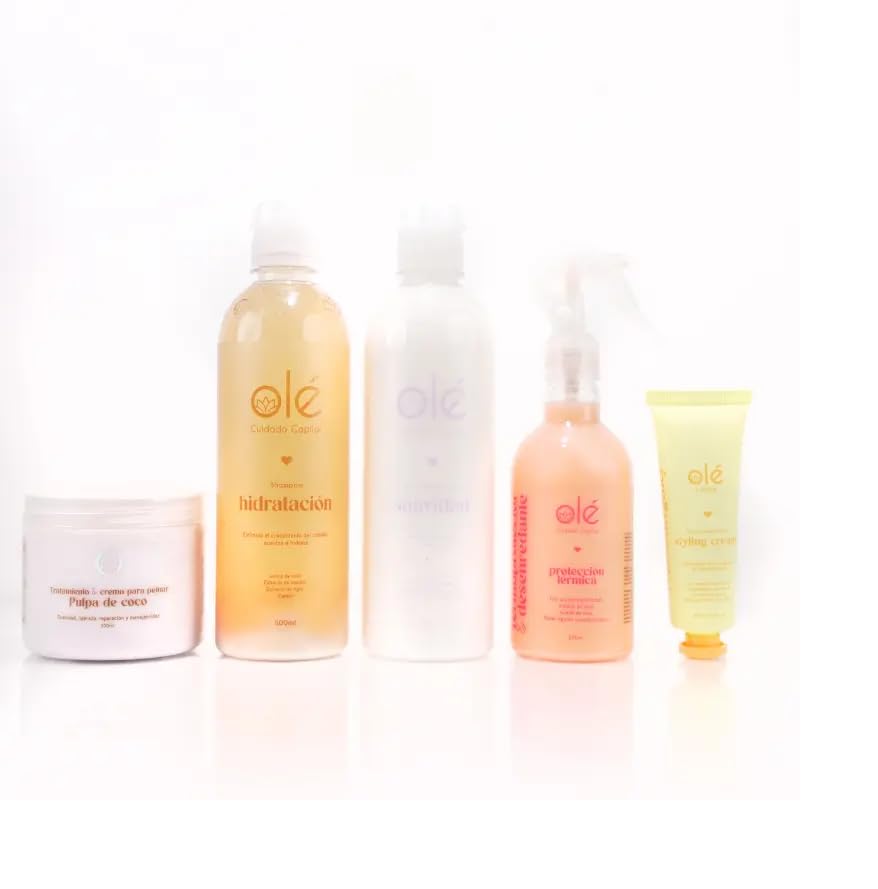OLÉ Dry Hair 5 Piece Pack - Coconut pulp pre-shampoo + Coconut, Cinnamon & Honey Shampoo + Cotton Conditioner + Detangling Thermo protector + Frizz