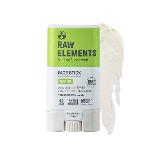 Raw Elements Face All-Natural Mineral Sunscreen Stick, Non-Nano Zinc Oxide, 95% Organic, Water-Resistant 80 Min, Reef Safe, All Ages Safe, SPF 30+