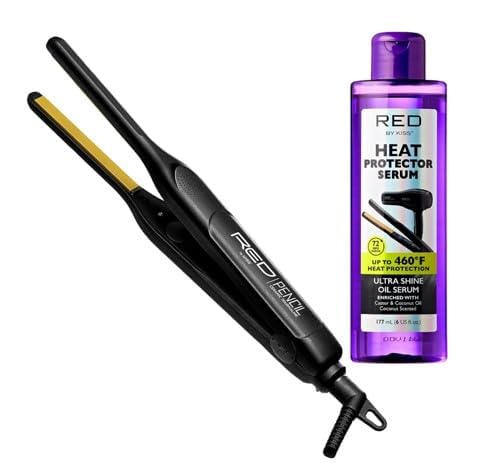 RED by KISS 2 Pcs Styling Set, 0.3” Ceramic Tourmaline Pencil Flat Iron & 6 Fl Oz Heat Protectant Hair Serum with Castor & Coconut Oil, for Edges