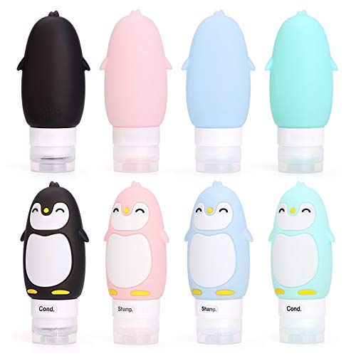 AUTENS Leakproof Silicone Travel Bottles Accessories Set,3oz (90ml) 4 Pack Refillable Cute Penguin Travel Containers for Shampoo,Lotion Sunscreen ect.