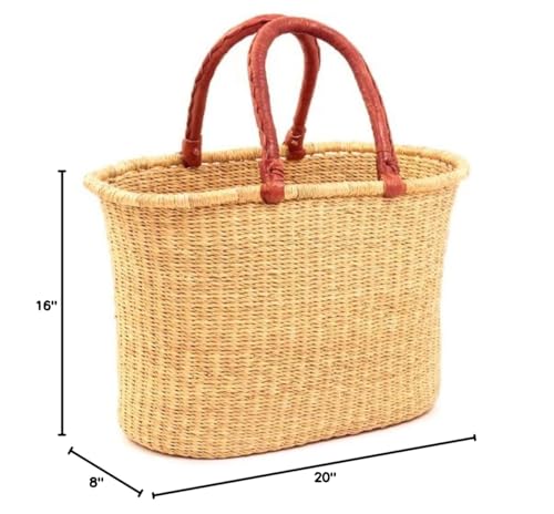 African Market Basket, Large Oval Woven Straw Basket with Handle Fair Trade Storage Organizer
