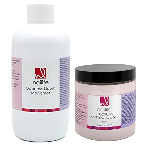 Nailite Odorless Liquid Monomer + Pink Acrylic Powder - Professional System for Nail Extension, Non-Yellowing Effect and EMA Formula - Kit 8 Oz. Beauty & Personal Care Nailite