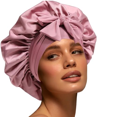 Silk Bonnet for Women, Satin Bonnet for Sleeping, Large Sleep Cap with Elastic Tie Band for Curly Hair (Bean Paste Pink) Beauty and Personal Care Confvrter Default Title