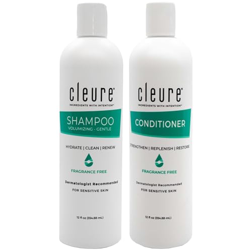 Cleure Shampoo and Conditioner Set Sulfate Free, Fragrance Free for Sensitive Skin - Volumizing Shampoo & Hydrating Conditioner (12 Oz each, Pack