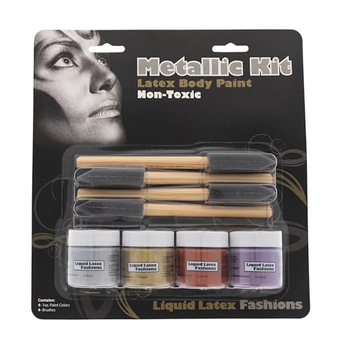 4-Pack Metallic Liquid Latex Kit - Four 1 oz Silver, Gold, Copper & Purple, Includes 4 Precision Brushes, Perfect for Body Art, SFX Makeup, Cosplay