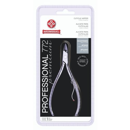 Professional Cuticle Nipper Mundial 772 PR - Brazilian Manicure Quality Long Handle Stainless Steel Trimmer Cutter for Fingernails and Toenails