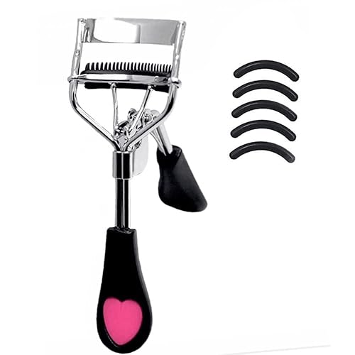 Stainless Steel Eyelash Curler with Built-in Comb Pinch Pain-Free Lash Curler with Brush Suitable for Any Eye Shapes and Sizes and with 5 Silicone